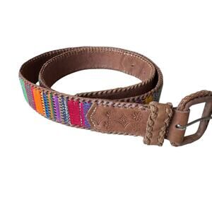 Guatemalan Stamped Leather Woven Cotton Boho Belt Size XL Womens Colorful Brown